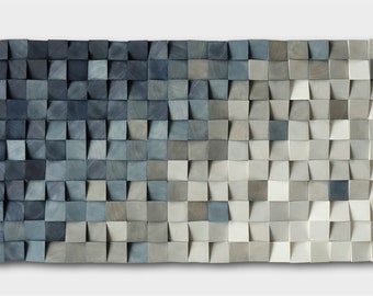 Blue Gray Wood Wall Art: 3D Mosaic Sculpture