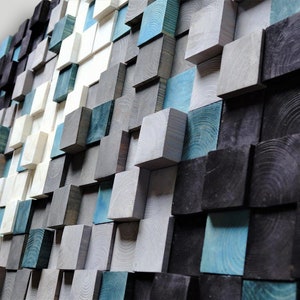 Wooden wall art, Textured Wooden Wall Art, Mosaic Wall Hanging, Modern Wood Decor Black Green White Silver, Modern Wooden Wall Art