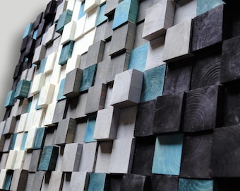 Wooden wall art, Textured Wooden Wall Art, Mosaic Wall Hanging, Modern Wood Decor Black Green White Silver, Modern Wooden Wall Art