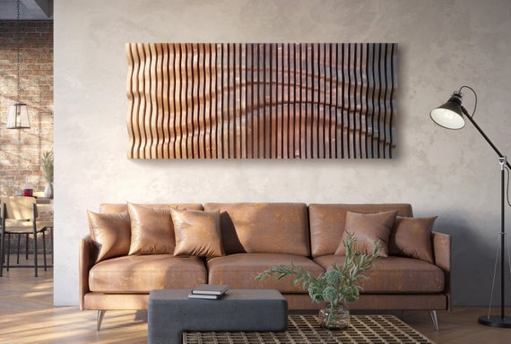 ombre brown wavy wood wall décor made of slats, acoustic wall panel, 3d wall sculpture, contemporary parametric wall piece, sound wave art