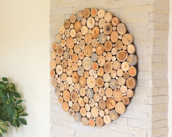 Round wood wall art , Tree rounds decor, holzwand kunst, tree slices wall art, modern wood wall art