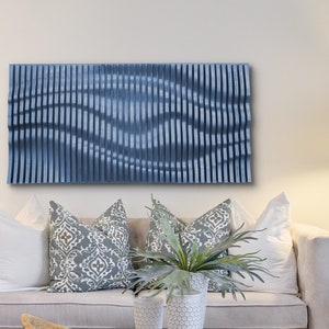 Denim blue parametric wall art of wooden slats, wood sound diffuser, 3D wavy wall sculpture, geometric wall decor, large wall hanging