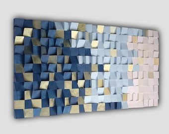 3D Wood Block Wall Art: Blue, Gold, and Pink Mosaic (54x26x2")