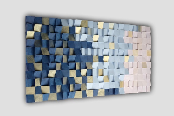 3D Wood Block Wall Art: Blue, Gold, and Pink Mosaic (54x26x2")