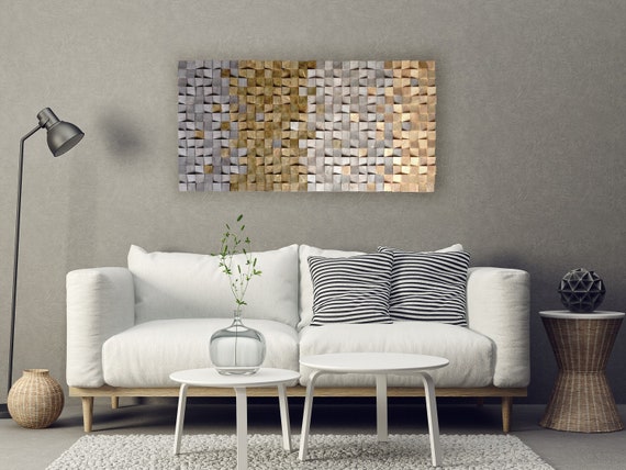 textured wood wall art, mosaic wall hanging, 3D wood wall art, wood wall decor grey brown, modern wooden wall art