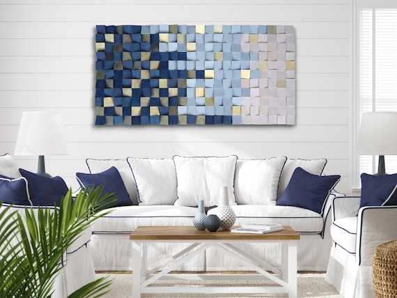 Contemporary 3d wood block art in shades of blue. goldwashed blue pink wood wall art. deep blue gold pink wooden wall mosaic