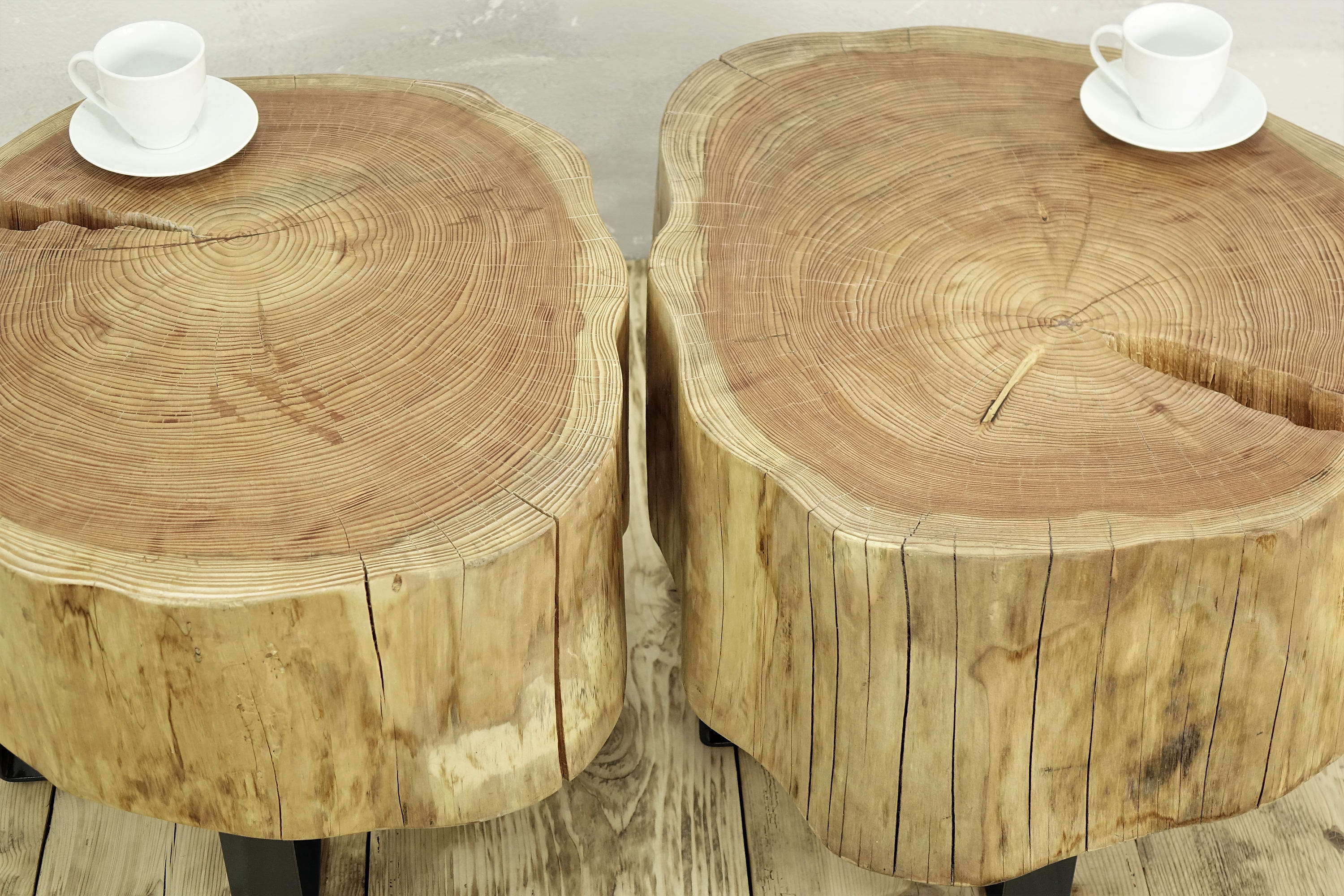 twin stump coffee table on metal base slab coffee table ...