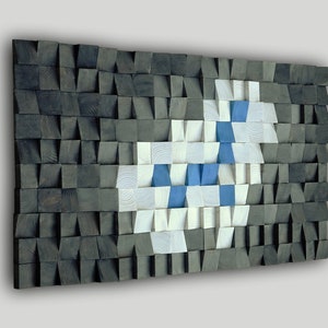 Grote muur sculptuur mozaïek kunst, geometrische houten muur kunst, wit blauw grijs kust muur kunst, moderne teruggewonnen houten muur kunst 3D houten mozaïek