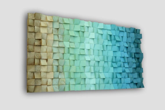 gradient blue green brown wooden wall art, ombre hanging geometric sculpture, ombre dimentional wood wall art, modern abstract 3D wall art