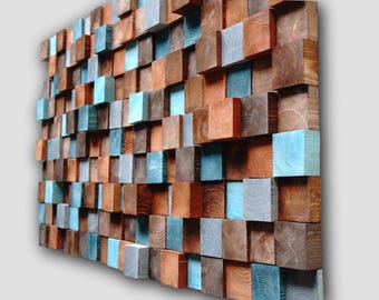 Textured Wooden Mosaic Wall Art: Brown, Gray, Turquoise