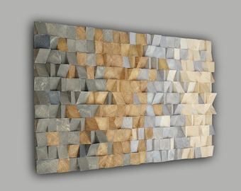 earth tone wall art, mosaic wall hanging, textured wood wall art, 3D wood wall decor grey brown, modern wooden wall art for living room