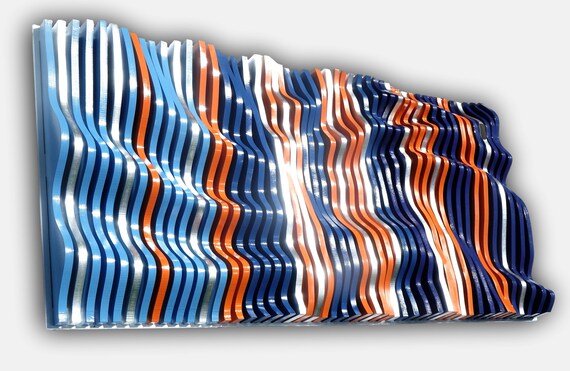 silver, blue and orange parametric wall art of wooden slats, wood sound diffuser, 3d wavy wall sculpture, large wall hanging