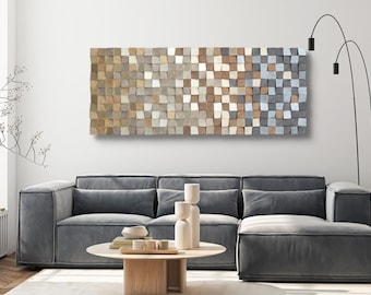 Gold Silver Grey Mosaic Sculpture - 3D Wooden Wall Art - sound diffuser