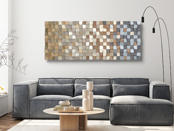 Gold Silver Grey Mosaic Sculpture - 3D Wooden Wall Art - sound diffuser