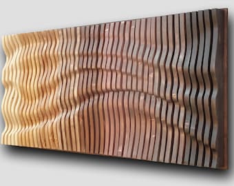 Ombre Brown Wood Wall Art, Modern Wavy Acoustic Sculpture