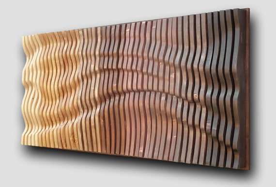 Ombre Brown Wood Wall Decor , Modern Wavy hanging artwork,  Acoustic 3D Wall Sculpture GB