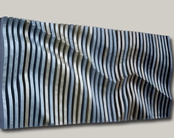 Arte de parede em madeira 3D azul e prata: difusor de som paramétrico (47 x 23,5 pol.)