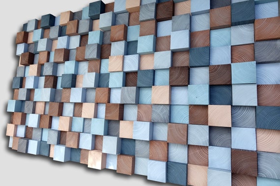Wooden wall art, Textured Wooden Wall Art, Mosaic Wall Hanging, Modern Wood Decor Blue, Grey, Brown, Modern Wooden Wall Art