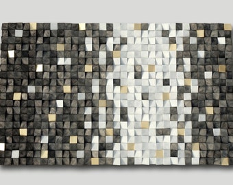 Grey and gold 3d wall art, wood wall panel, sound diffuser, acoustic panel, wood wall sculpture, wooden blocks wall hanging