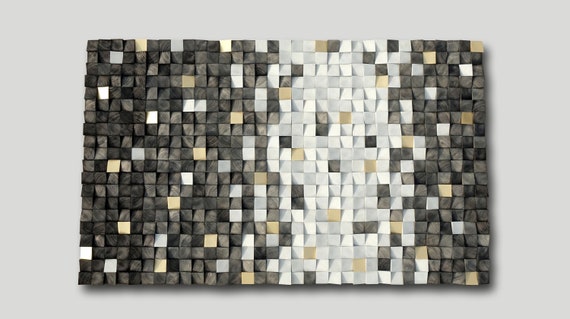 Grey and gold 3d wall art, wood wall panel, sound diffuser, acoustic panel, wood wall sculpture, wooden blocks wall hanging