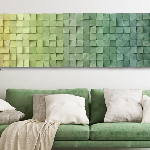 Green Ombre Wood Wall Art: 3D Mosaic, Modern Abstract Decor