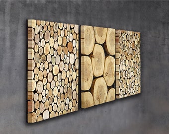 Tree trunk slices wall art, tree slab wall hanging, natural mosaic of wood slices, tree stump panels set of 3, cut trunks wall art tryptic