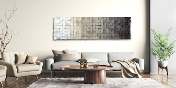 gradient grey and beige wood wall art, ombre wooden wall panel, modern abstract wood wall hanging, 3D mosaic wood wall decor