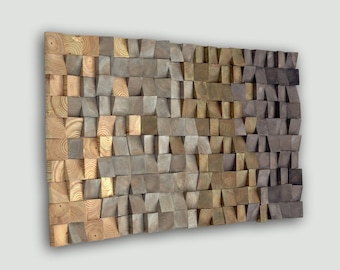 3D wood wall art, mosaic wall hanging,textured wood wall art, wood wall decor grey brown, modern wooden wall art, earth tone wood wall art