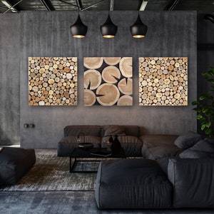 Tree trunk wall art set of 3, tree slices triptych large, wood wall art set of 3, 3 piece tree slice wall art, environmental wall decor, image 2