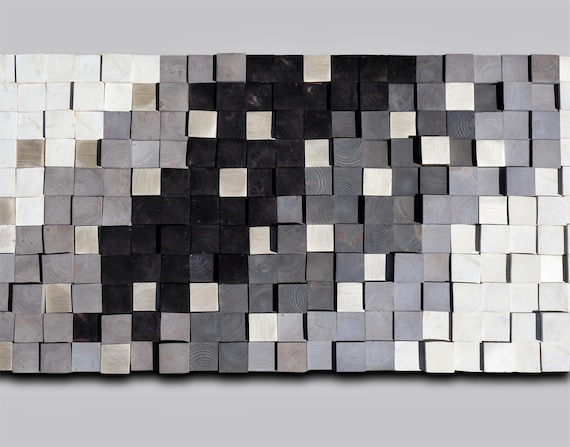 Wooden wall art, Textured Wooden Wall Art, Mosaic Wall Hanging, Modern Wood Decor Black White Silver, Modern Wooden Wall Art