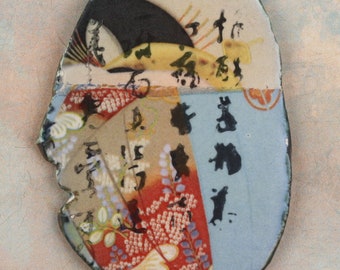 Handmade decal ceramic glazed pendant painterly art beads shard collage asian