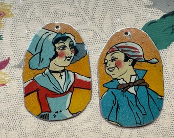 2 Handmade antique French tin art charms earrings/charms dangles painterly Josephinebeads