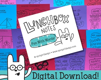 Fun With Words Printable Lunchbox Notes (Set of 24) // Digital Download // Kids Lunch Box Cards // Silly Drawings and Jokes