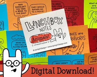 Animals Printable Lunchbox Notes (Set of 24) // Digital Download // Kids Lunch Box Cards // Silly Drawings and Jokes