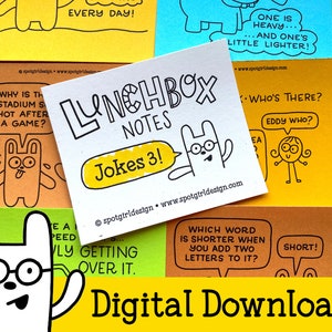 Blagues 3 Notes de boîte à lunch imprimables (ensemble de 24) // Téléchargement numérique // Cartes de boîte à lunch pour enfants // Dessins idiots et blagues