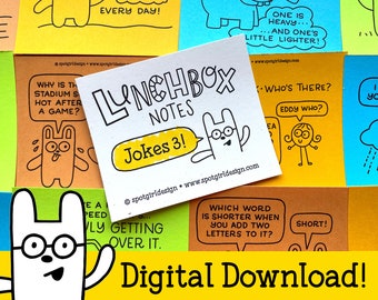Jokes 3 Printable Lunchbox Notes (Set of 24) // Digital Download // Kids Lunch Box Cards // Silly Drawings and Jokes