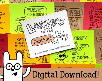 Food Fun Lunchbox Notes (Set of 24) // Kids Lunch Box Cards // Silly Drawings and Jokes