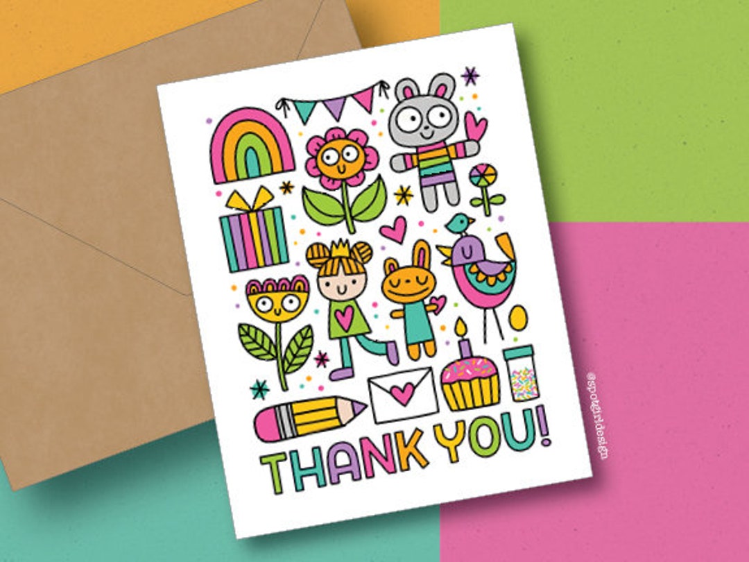 Doodle Birthday Thank You Notecards Pack of 4 - Etsy