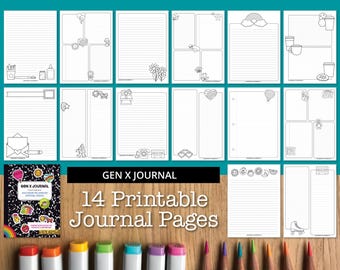 Puede incluir: Un conjunto de 14 páginas de diario imprimibles con un tema de la Generación X. Las páginas presentan varias ilustraciones y diseños, incluyendo un arcoíris, una cinta de casete, un patín y un corazón. El texto "Gen X Journal" y "14 páginas de diario imprimibles" está incluido en las páginas.
