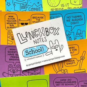 May include: A set of colorful lunchbox notes with fun illustrations and sayings. The notes feature a variety of characters, including a cat wearing sunglasses, a scientist with a lab coat, and a broom. The notes are printed on recycled paper and are perfect for adding a touch of humor to your child's lunchbox.