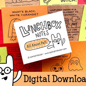 Puede incluir: Una colección de coloridas Lunchbox Notes con ilustraciones y texto con temática otoñal. Las notas presentan dibujos de calabazas, fantasmas y otros elementos otoñales. Las palabras "Lunchbox Notes" y "All About Fall" son visibles. El texto "Digital Download!" también es visible.