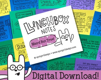 Weird But True Printable Lunchbox Notes (Set of 24) // Digital Download // Kids Lunch Box Cards // Silly Drawings and Jokes