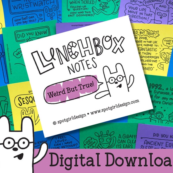 Weird But True Printable Lunchbox Notes (Set of 24) // Digital Download // Kids Lunch Box Cards // Silly Drawings and Jokes