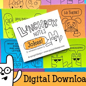 Anotações para lancheiras imprimíveis (conjunto de 24) // Download digital // Cartões para lancheiras infantis // Desenhos e piadas bobas