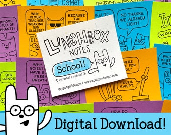 School Printable Lunchbox Notes // Digital Download // Kids Lunch Box Cards // Silly Drawings and Jokes