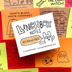 May include: A collection of colorful square paper notes with black line art illustrations and text. The central note reads "LUNCHBOX NOTES" with "All About Fall" in a speech bubble. Other notes feature fall-themed drawings and phrases.