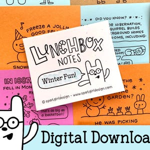 Può includere: Una collezione di bigliettini colorati con illustrazioni e testo a tema invernale. La nota centrale recita "LUNCHBOX NOTES Winter Fun!" con un coniglietto dei cartoni animati. Altre note presentano disegni di un pupazzo di neve, fiocchi di neve e testo come "Freeze a Jolly Good Fellow."