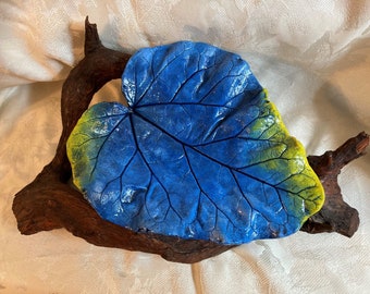 11" RHUBARB Concrete Leaf Casting - Brilliant blues, deep contrasting veins is a great gift for any "hard to buy for folks"