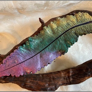May include: A colorful, iridescent leaf-shaped sculpture made of concrete, resting on a piece of driftwood. The leaf is painted in shades of pink, purple, green, and gold.