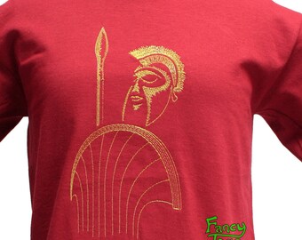Ancient Greek Warrior Hero Children's Red T-shirt, Embroidered Art of Phalanx Soldier on Child Size Unisex Cotton Tee